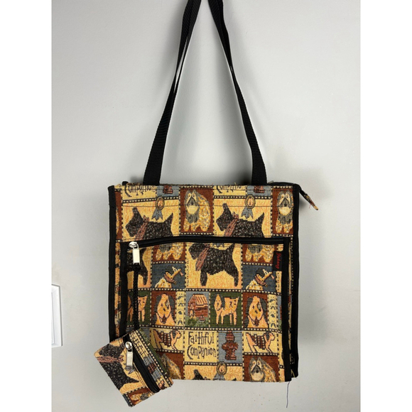 Yuhong Handbags - Yuhong Tapestry Tote Bag w/ Coin Purse Tan/Black Dog Print. Faithful Companion